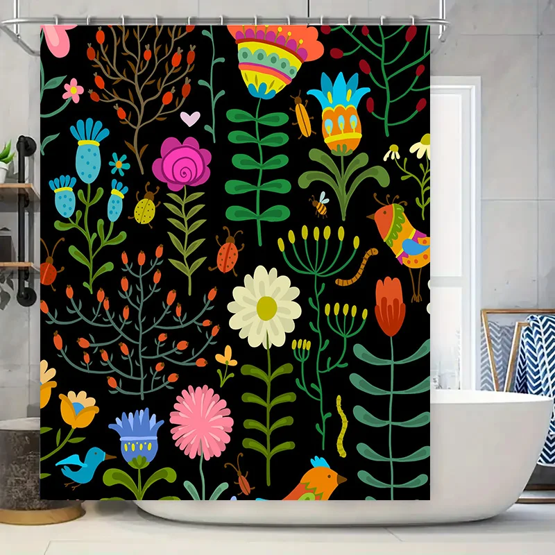 

Colorful Shower Curtain with Floral Patterns Decorative Bathroom Accessories for Home Decoration Black Background with Flowers
