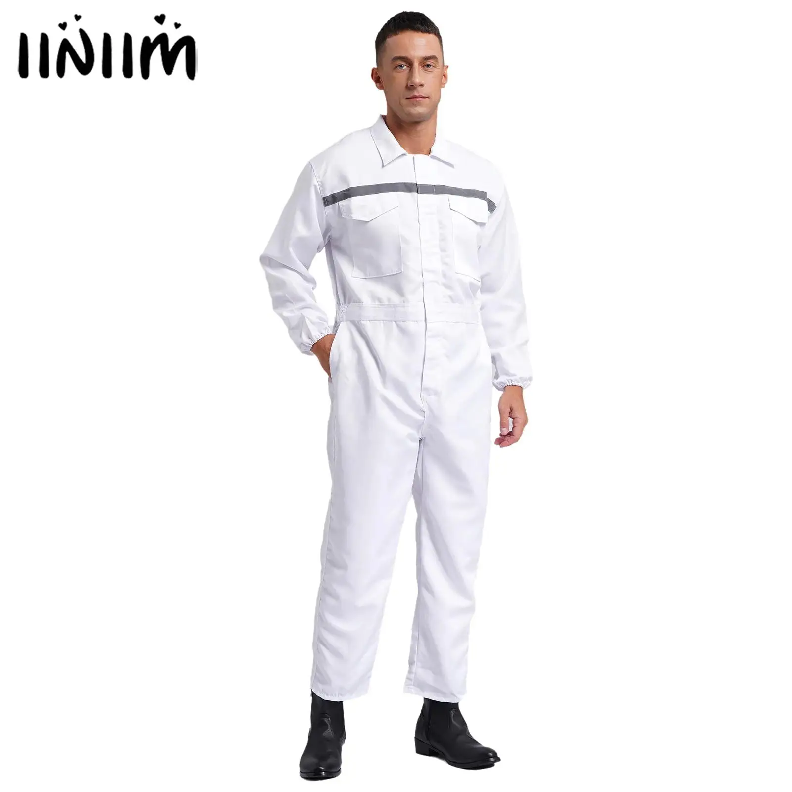 Mens Reflective Stripe Coverall Long Sleeve Zipper Jumpsuit Overall Engineering Workwear with Pockets for Factory Workshop