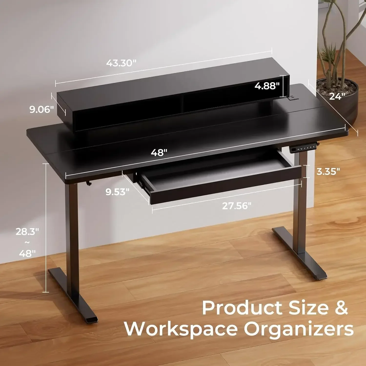 Electric Standing Desk with Drawers, 48 x 24 Inch Height Adjustable Gaming Desk with Monitor Stand, Power Outlets & LED Lights,