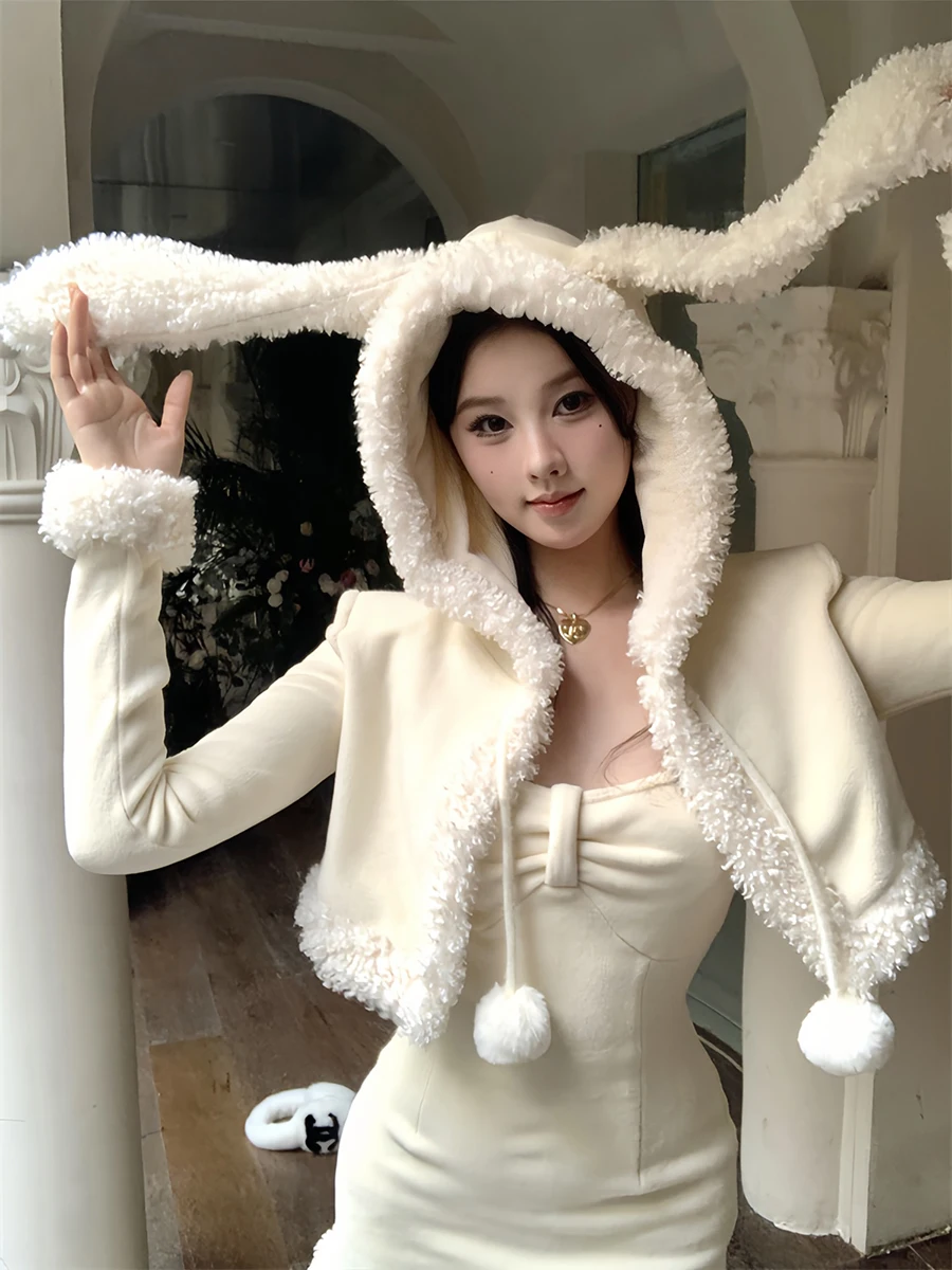 REDDACHiC 토끼 귀 후드 카디건 짧은 드레스 여성 매칭 세트 셰르파 플리스 스파게티 스트랩 바디콘 귀여운 겨울 크리스마스 의상