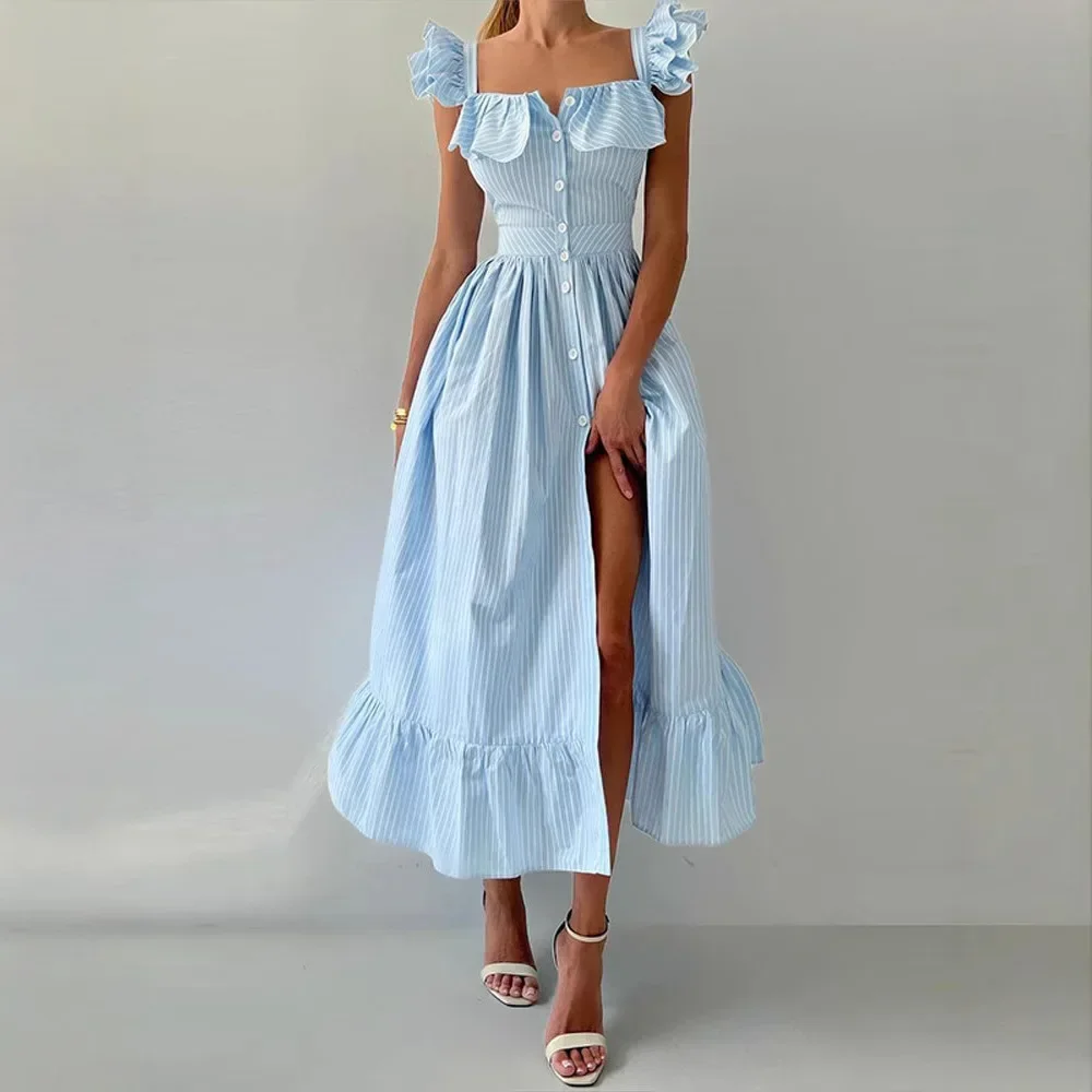 

2025Fashion Sweet Fresh Style Square Collar Buttoned Striped Long Dress with Fly Sleeve And Lace Hem Princess Sleeve Short Dress