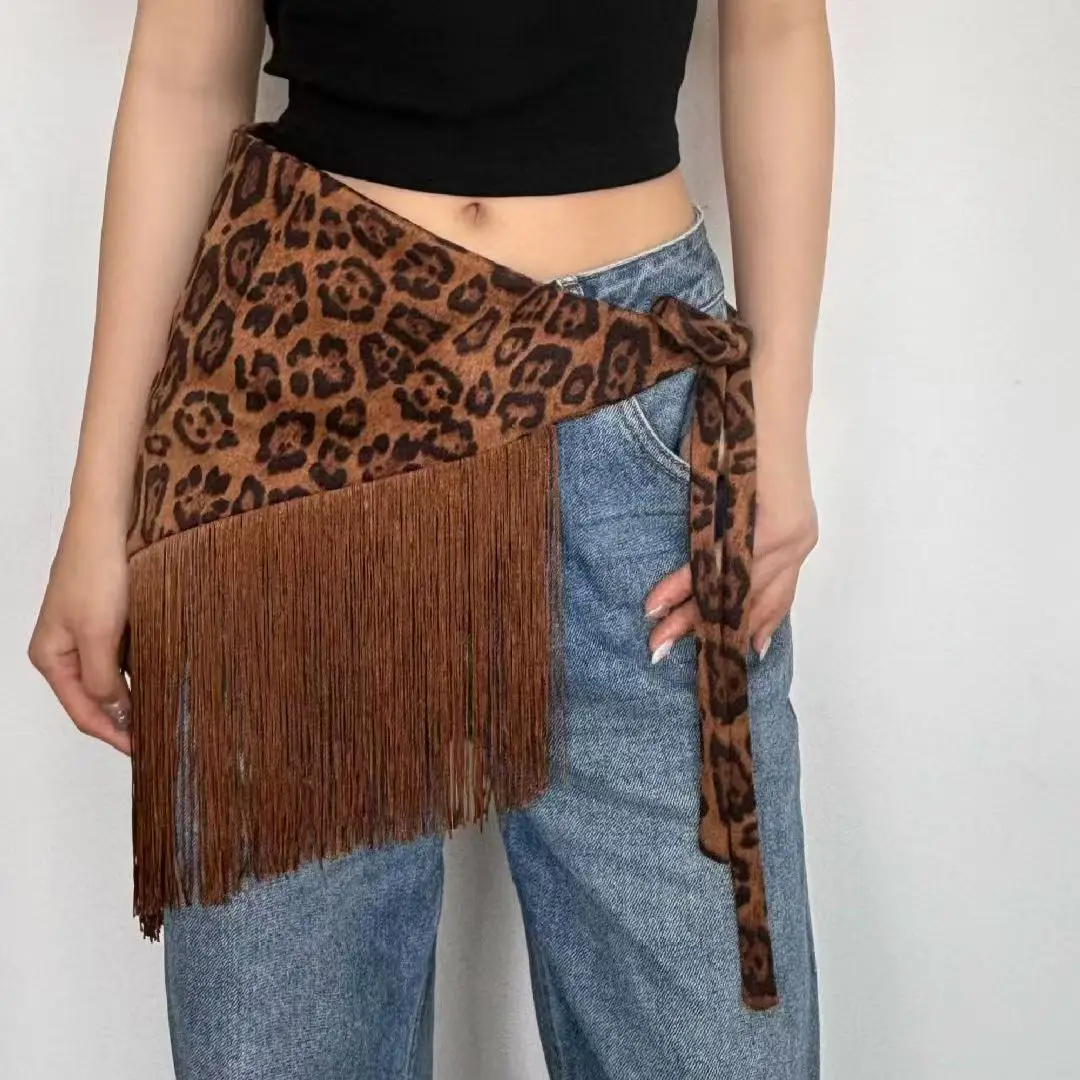 New design with a skirt, a minority with a sense of leopard print triangle belt tassel hip scarf waist cincher American Y2K sexy