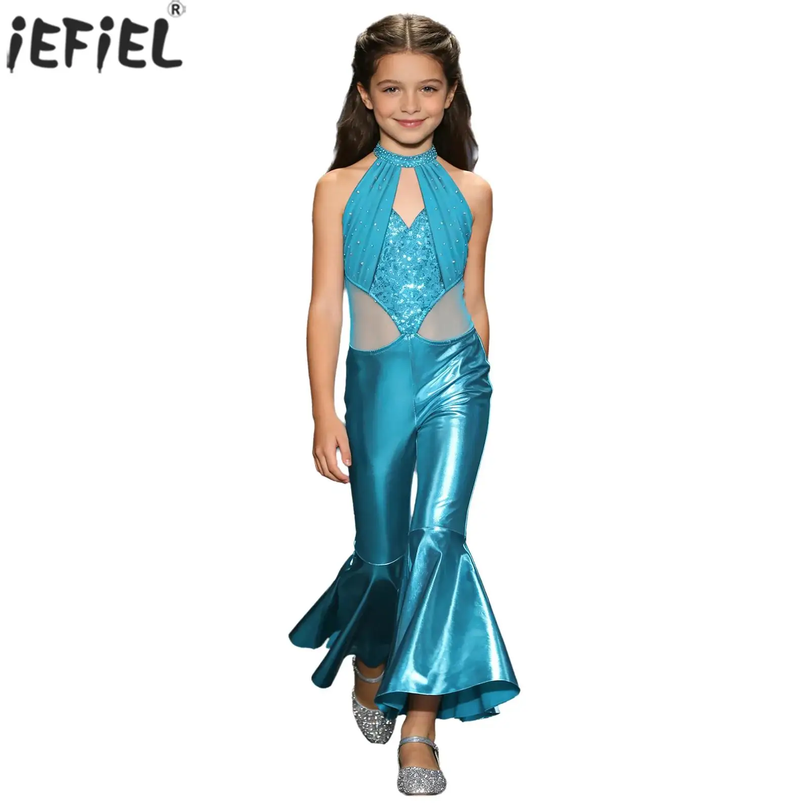 Kids Girls Metallic Disco Jazz Dance Jumpsuit Halter Sleeveless Sparkly Sequins Flared Pants Rompers for Birthday Pageant Party