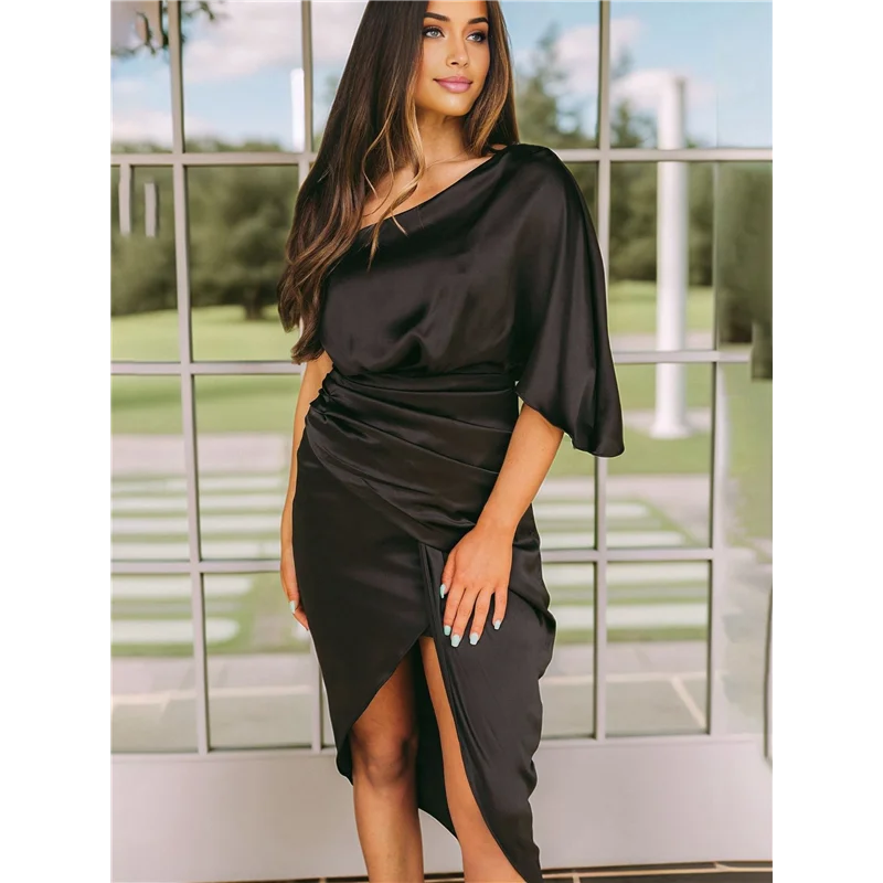 FX-Women's Satin Dress One Shoulder Flutter Short Sleeve Ruched Bodycon Wrap Cocktail Wedding Guest Dresses