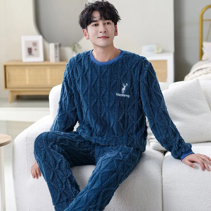 Flannel Pajamas Men Autumn Winter Pullover Warm Fleece-Lined Thickened Sleepwear Sets Coral Fleece Large Size Male Homewear Suit