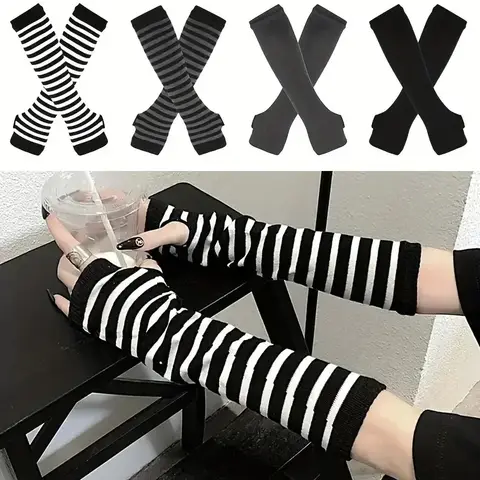 Y2K Gothic Lolita Gloves Arm Cover Harajuku Arm Warmers Winter Black Grey Striped Fingerless Punk Long Wristband Unisex Gloves