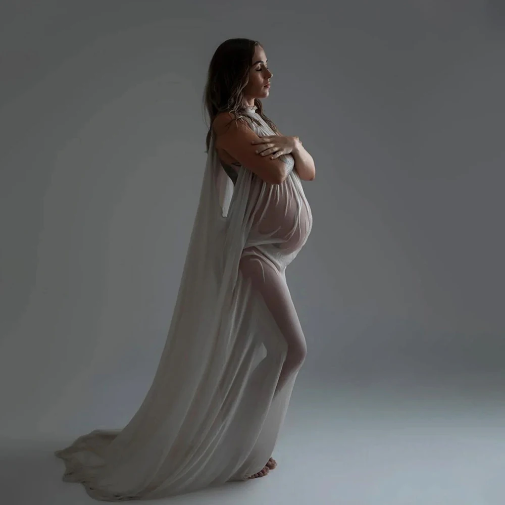 

Maternity Dresses Photoshoot White Chiffon Flowy Dress Ruffle Colla Sleeveless Elegant Maxi For Pregnancy Photography Props Gown