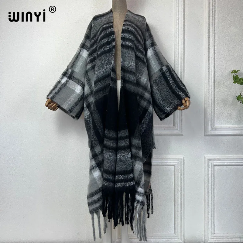 Winyi Winter Kimono hochwertige Luxus lange Daunen mantel für Frauen klassische Plaid Print Mantel lose weibliche Longue dicke warme Abaya