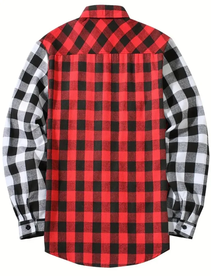 Men\'s fashion young casual long-sleeved shirt plaid patchwork woolen shirt coat autumn