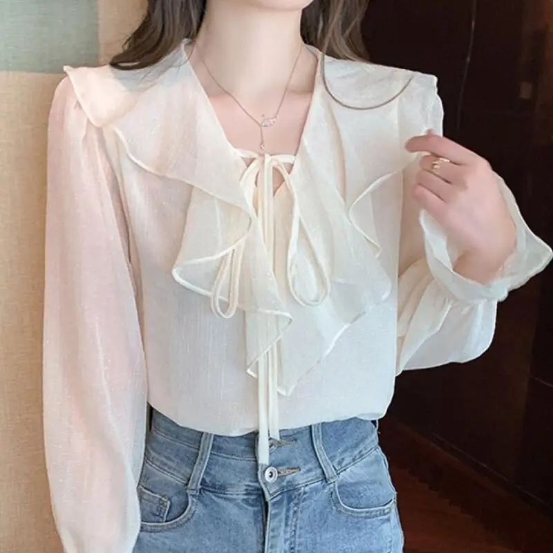 Temperament Women's Long Sleeved Chiffon Shirt Spring/summer New Style Elegant and Unique Gentle Tops Korean Versatile Fashion