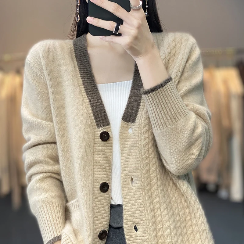 Korean V-Neck 100% Pure Wool Knitted Cardigan Jacket Women\'s 2023 Autumn Winter New Loose Thicken Warm Cashmere Sweater Coat Top