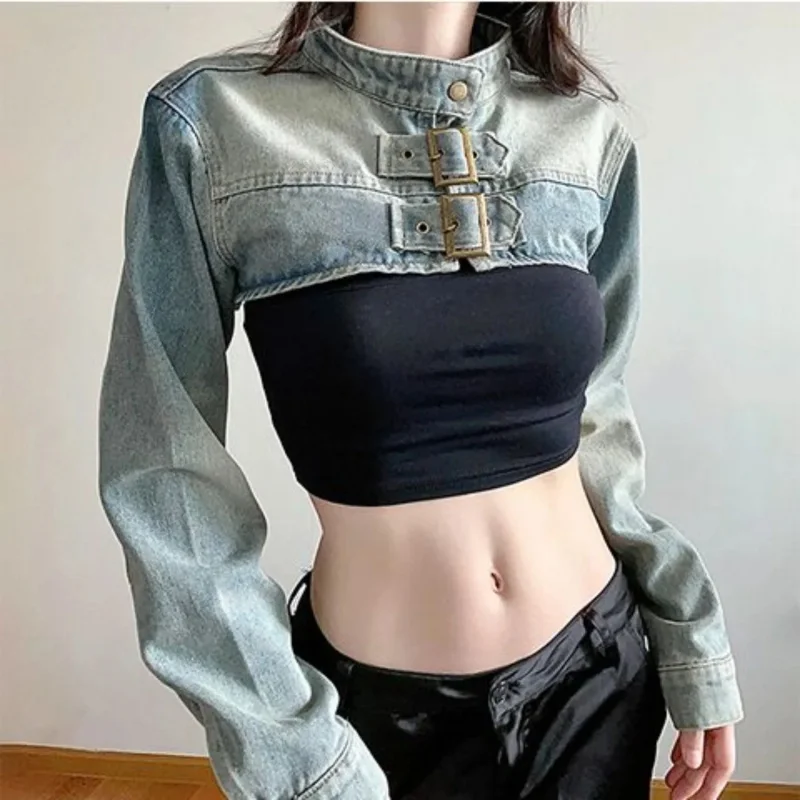 American Vintage Metal Stand Up Collar Loose Long Sleeved Ultra Short Denim Chaquetas Para Mujer Camisole Coat