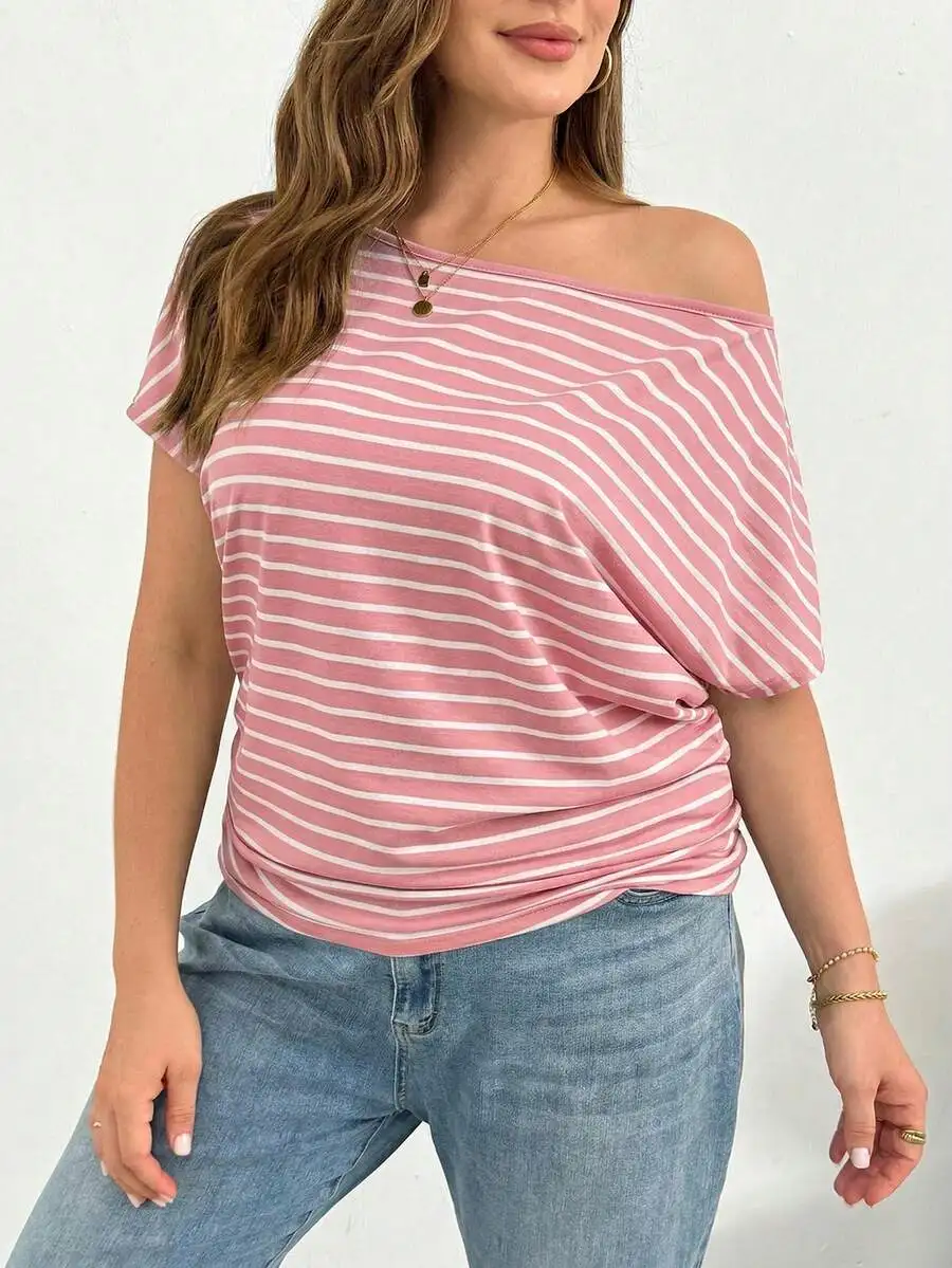 

Pink And White Striped Off Shoulder Short Sleeve Casual T-Shirt For Women