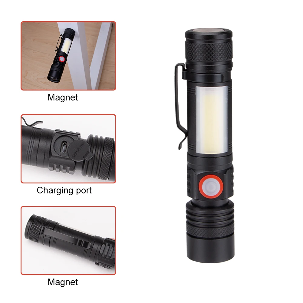 Mini Flashlight 6 Modes XML COB LED Magnetic Working Light 18650 Torch Zoom Focus Penlight Waterproof Hunting Camping Lantern