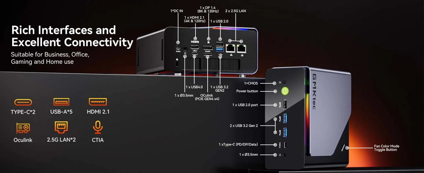 GMKtec K12 Mini PC AMD Ryzen™ 7 H 255 Dual DDR5 5600MT/s 3*SSD PCIe WiFi 6 BT 5.2 Dual 2.5G LAN OCulink Desktop Computer