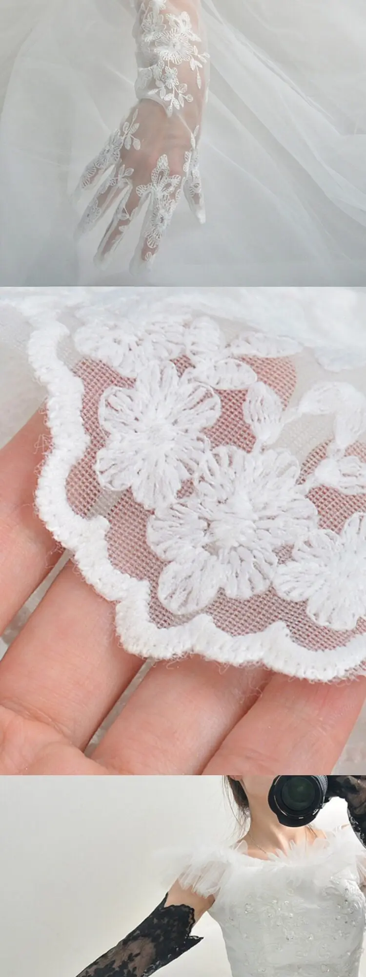 GERUNDETE LANGÄRMELIGE NETZHANDSCHEN Geraffte Plissierte Stretch-Tüll-Spitze Transparent Dunkelschwarz Damen-Accessoires Hochzeit Lange Ärmel Sexy Manschetten – Detail 4