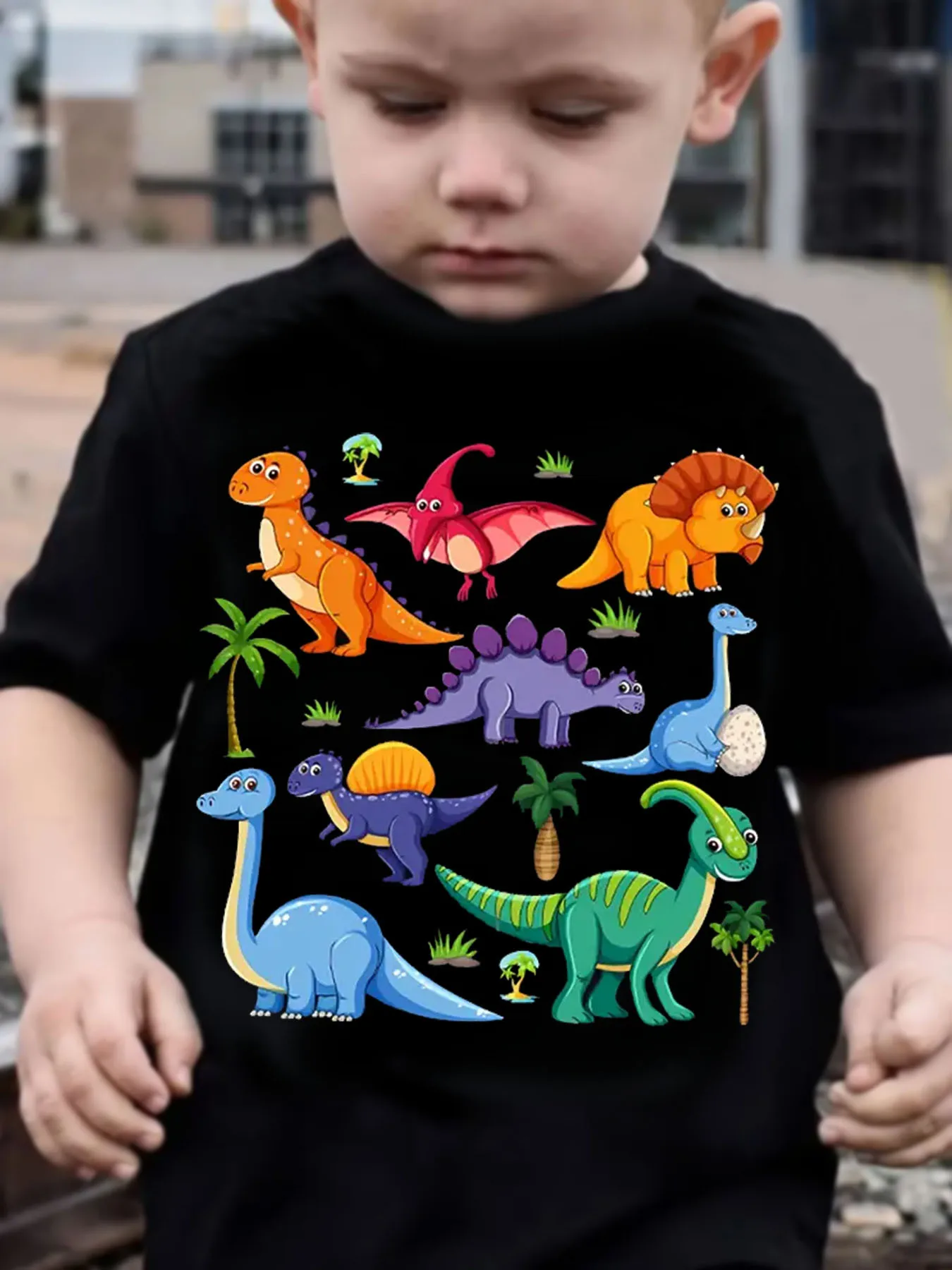 Boys and Girls Cartoon T-Shirt, Dinosaur Pattern Comfortable Short Sleeve, Round Neck Top, Summer Clothing for Children Ages 1-8