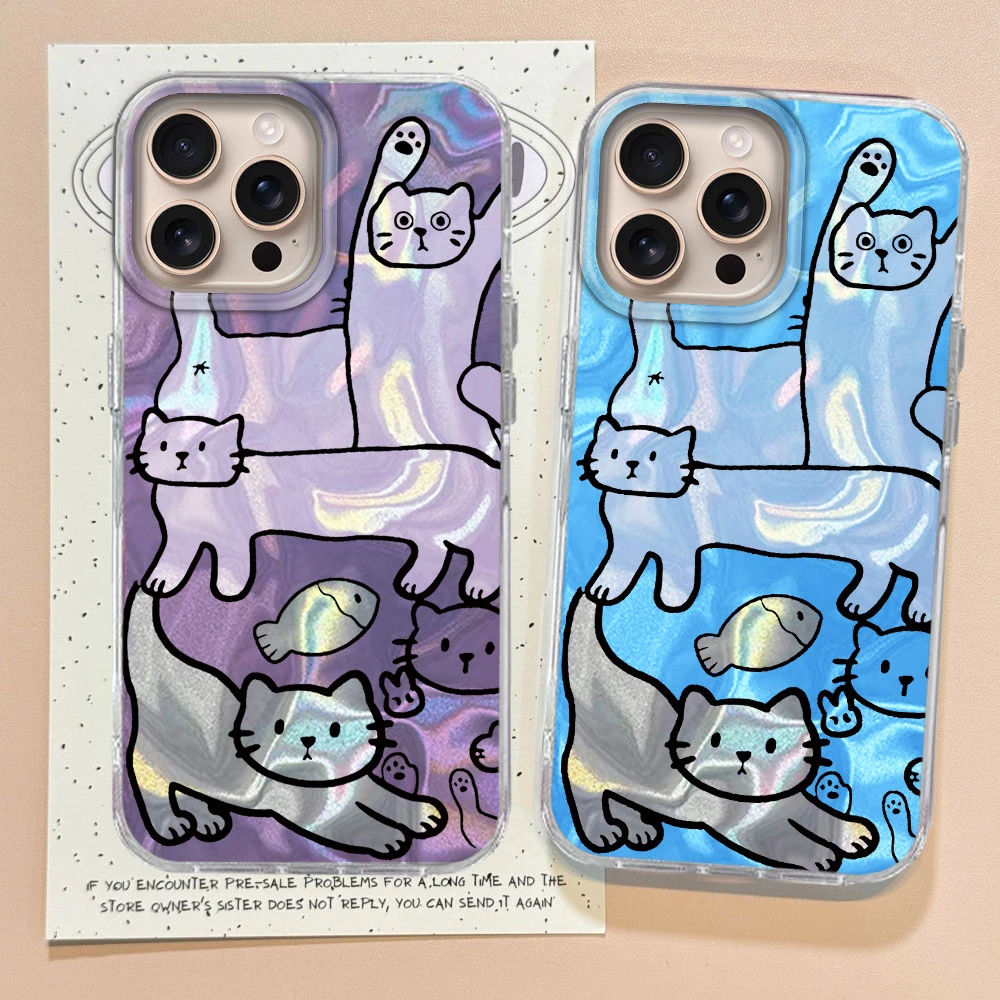 Purple Line Cat Fish Water Texture Phone Case for iphone 16 15 14 7 8 Plus 13 Pro Max X XS XR SE 2022 Shell Silicone Back Cover
