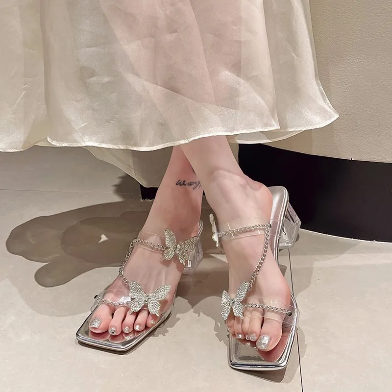 Summer Butterfly Knot Chain Square Toe Square Heel Sandals 6.5CM New PVC Transparent Sexy Elegant Banquet Wedding Silvery Shoes