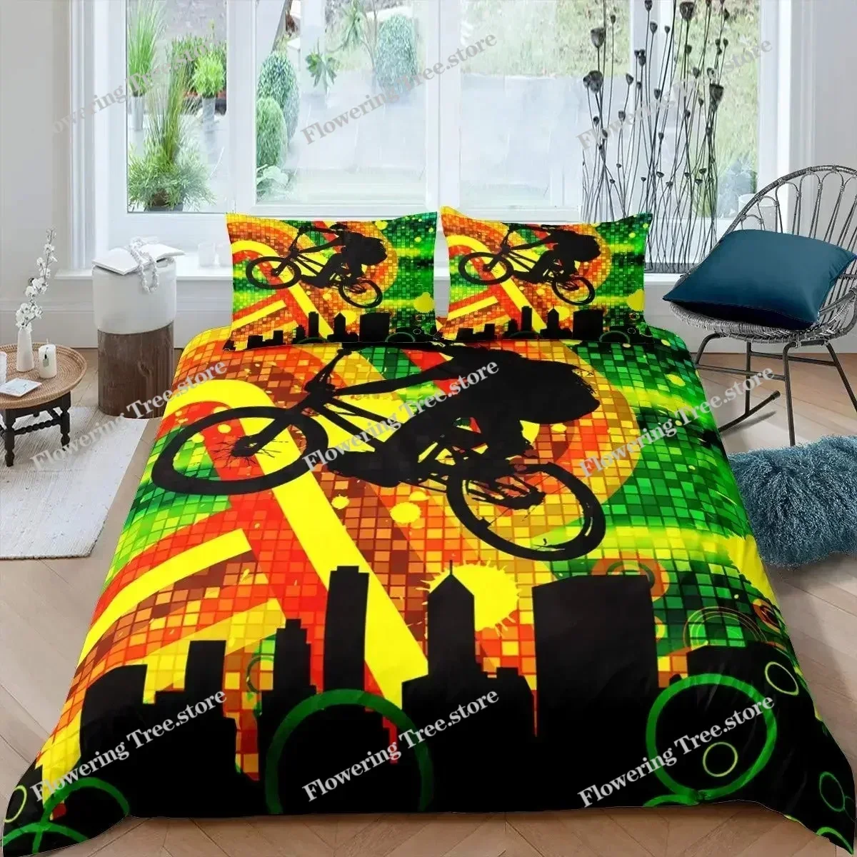 Bicycle Duvet Cover Set Microfiber Mountain Bike Comforter Cover Sport Game Tie Dye Pattern King Size Twin Bedding Set029963