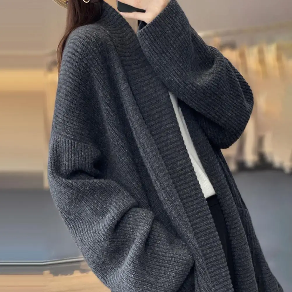 Women Sweater Coat Lapel Long Sleeve Open Front Knitting Cardigan With Large Pockets Solid Color Loose Fit Mid-length Outwear