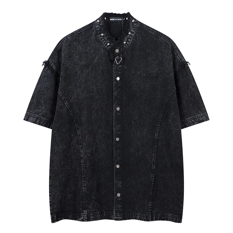 Rivets Deconstruction Splitting Old Short Sleeve Men's Loose Design Denim Shirt Men's