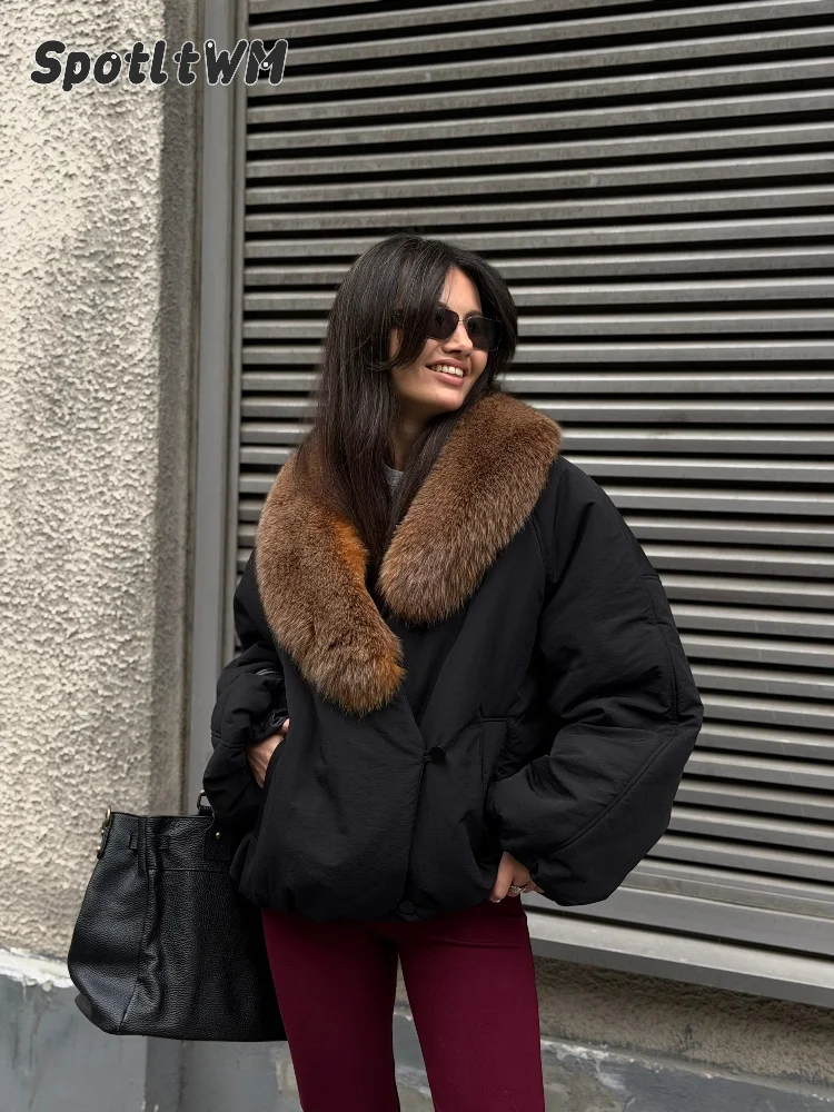 Women's Black Oversized Puffer Jacket Large Faux Fur Collar Loose Short Padded Coat Winter Luxury Streetwear Outerwear 2026