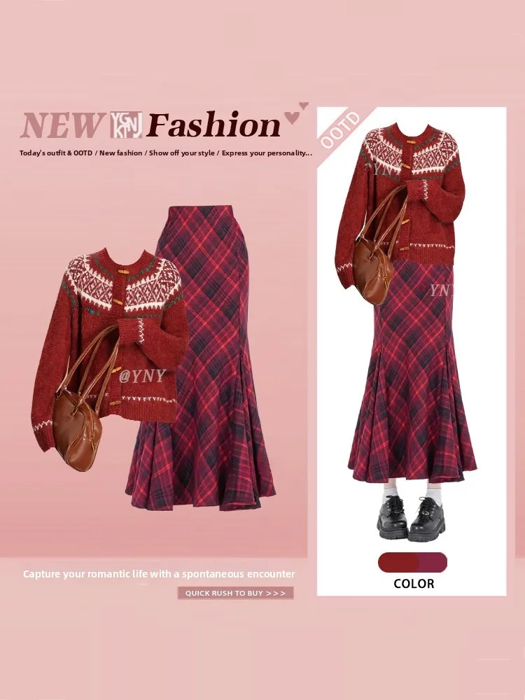 

Вязаный свитер в стиле ретро Sle Fair Isle и клетчатая юбка с юбкой в клетку, женский зимний теплый комплект с нежной атмосферой, уменьшение возраста, два...