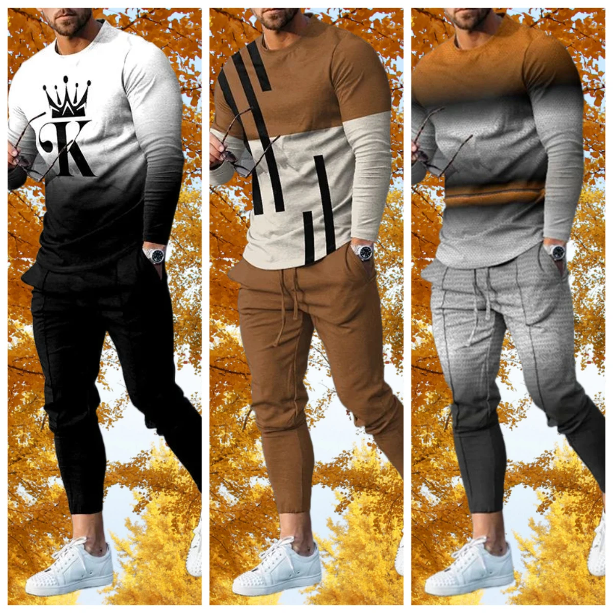 

New Autumn Winter Fashion Men Sets Long Sleeves T-shirt+Trousers O-Neck Sweatshirt Casual Jogger Sportswear 2 Piece Men Clothing