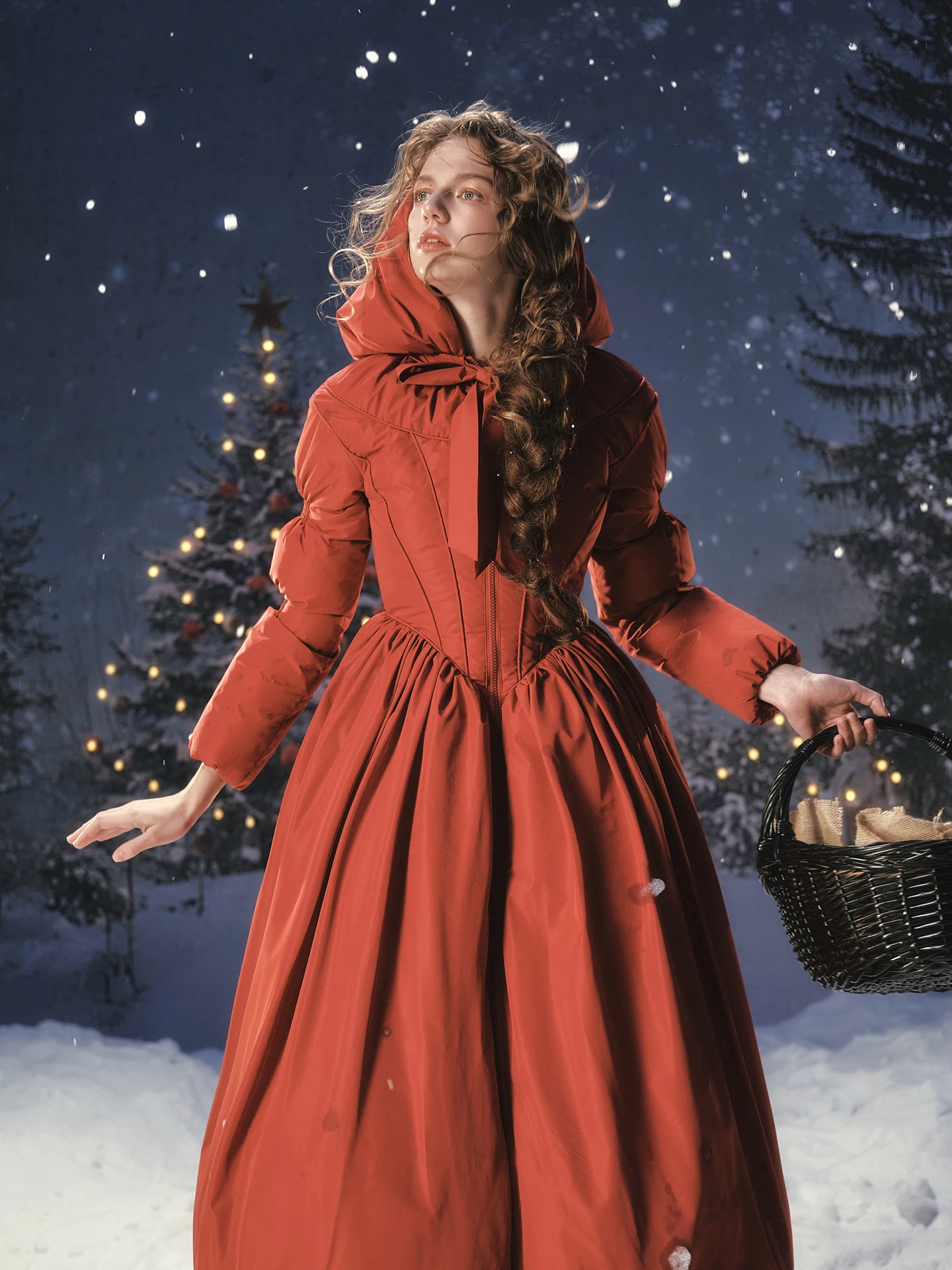 LaceMade Übergröße Damen Langer Daunenmantel Rot Cisas Neujahrs-Mantel Französischer Stil Abnehmbare Kapuze Hohe Taille Warm Damenmantel