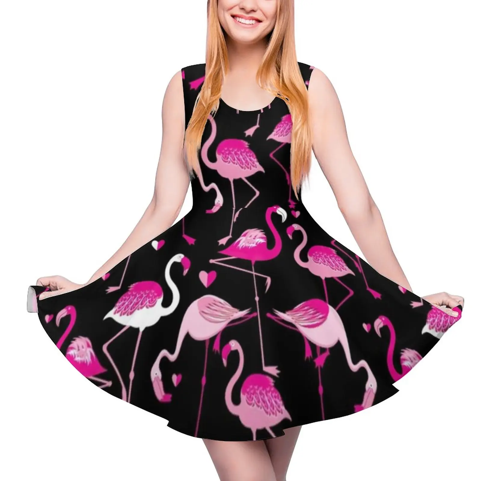 Cartoon Flamingo Dress Sleeveless Heart Print Street Style Dresses Summer Women Plus Size Boho Print Skate Dress