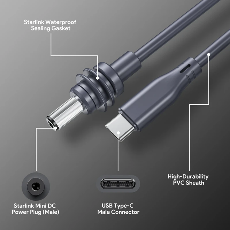 USB C To DC Power Cable For Starlink Mini USB Type-C Input To Waterproof Power Cable For Starlink Gen3 Mini (16.4Ft )