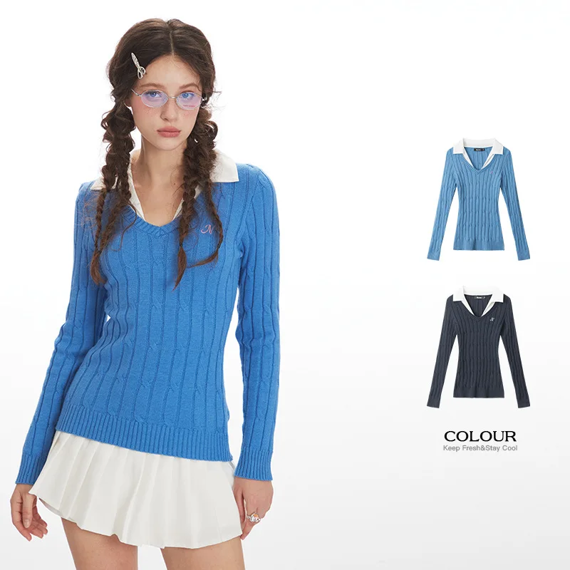 Women's Sweater Twist Slim Fit V-neck Long-sleeved Sweater Women 2026 New Spring Fake Two-piece Bottoming Sweater Tops Clothing