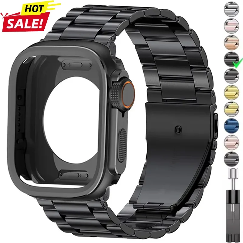 

Чехол из сплава металлов + ремешок из нержавеющей стали для Apple Watch Ultra 3 2 49 мм 46 мм 45 мм 44 мм, защитный чехол с перфорацией для Iwatch 11 10 9 8 7 6