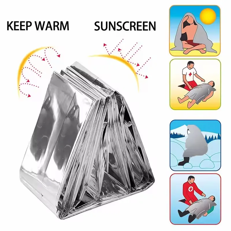 Outdoor Portable Emergency Blanket Lightweight Folding Waterproof Windproof Sunshade Reusable Thermal Survival First Aid Mat Pad
