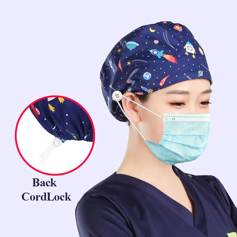 ยาวผู้หญิง 'S Scrub หมวกหมวกผ่าตัด100% ผ้าฝ้ายพยาบาลพยาบาลทำงานหมวก Cordlock ปรับได้ทันตกรรมลวดลายหมวก