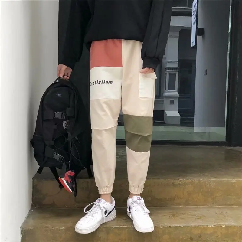 Men Casual Pants Vintage Cargo Japanese Colorblock Ankle-length Workwear Pantalones Male All-match Patched Scratched Trousers