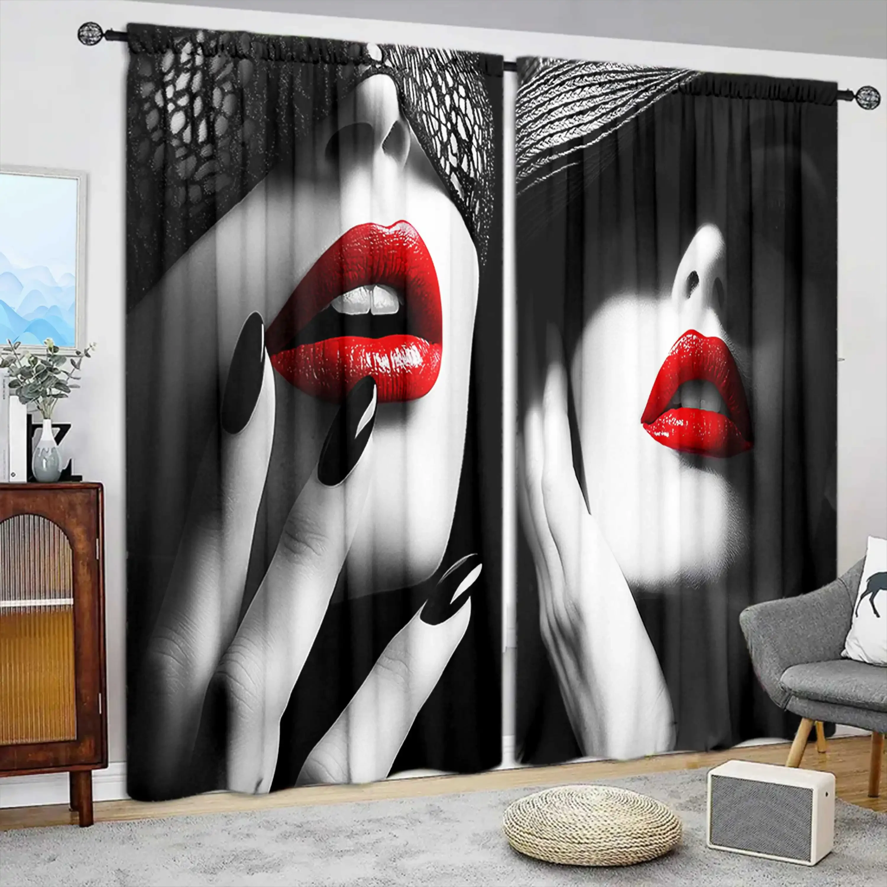 

2pcs Flaming Red Lips Printed Curtain for Home Decor - Rod Pocket Window Treatment for Bedroom, Office, Kitchen, Living Room