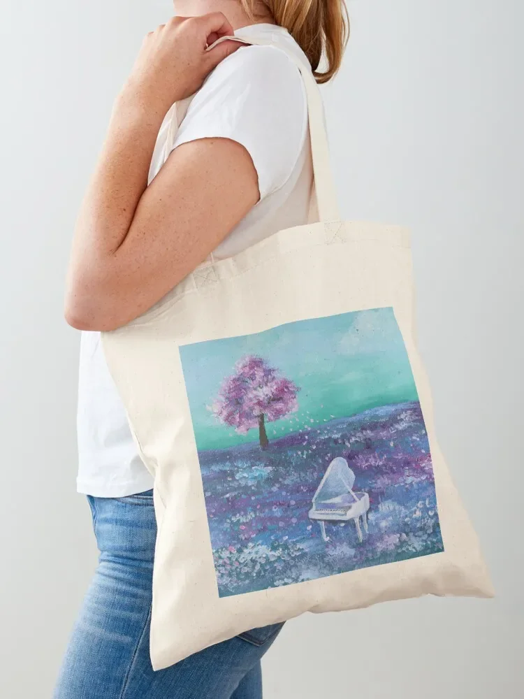 nature dreamy landscape purple wildflower field cherry blossom white piano Tote Bag eco pack tote bag men Tote Bag