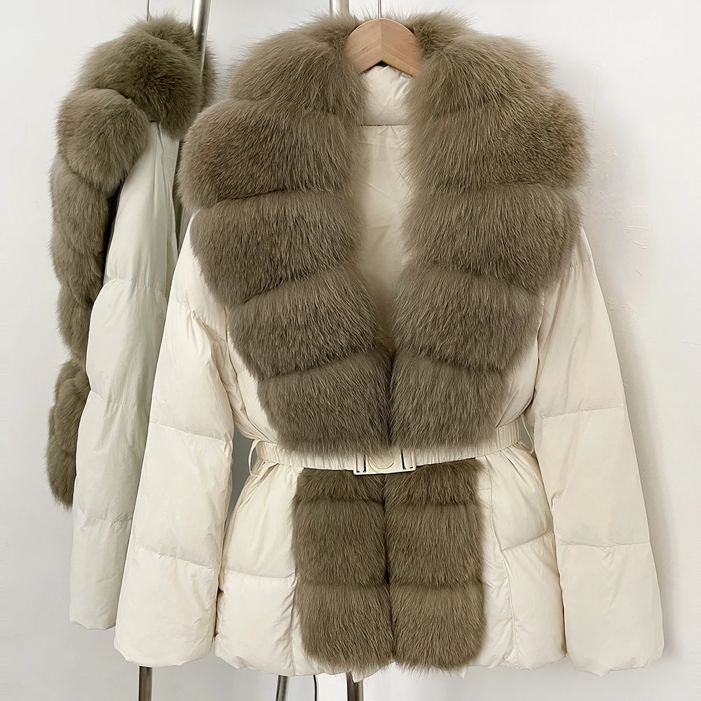 Piumino da donna in pelliccia di volpe naturale di lusso con collo in pelliccia di volpe, piumino casual Parka 2025 enorme piumino in piumino d'anatra bianca