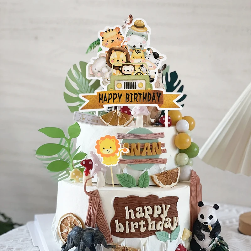 Topper de pastel de animales de dibujos animados para fiesta del bosque, Impresión de cumpleaños, taza de baño para bebé, inserto de pastel de