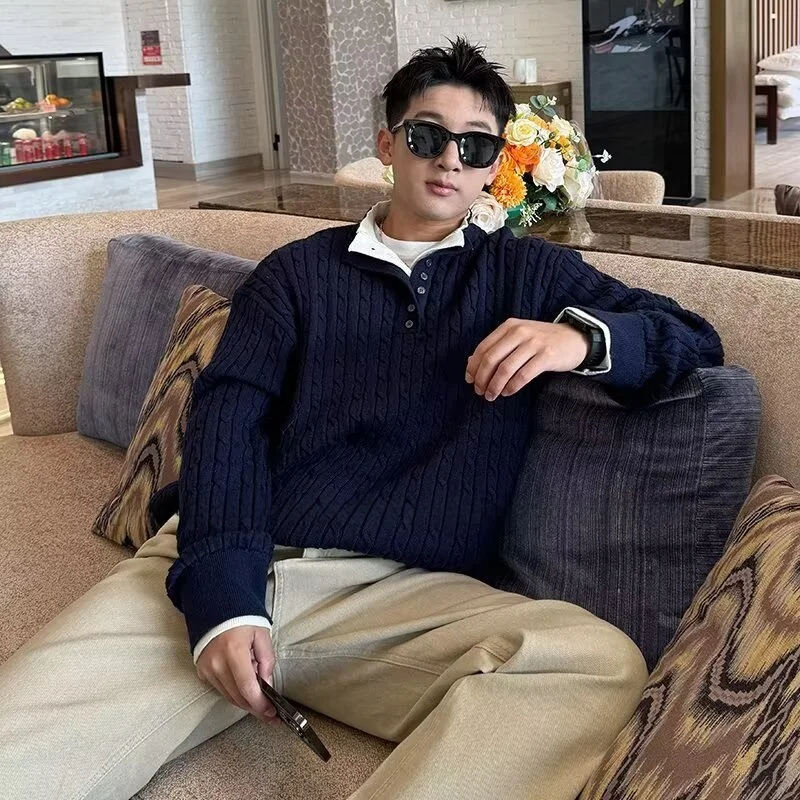 

Американский вязаный свитер в стиле ретро, мужской модный брендовый длинный свитер с воротником Генри, искусственный двухсекционный длинный свеч, теплый дышащий длинный крой...