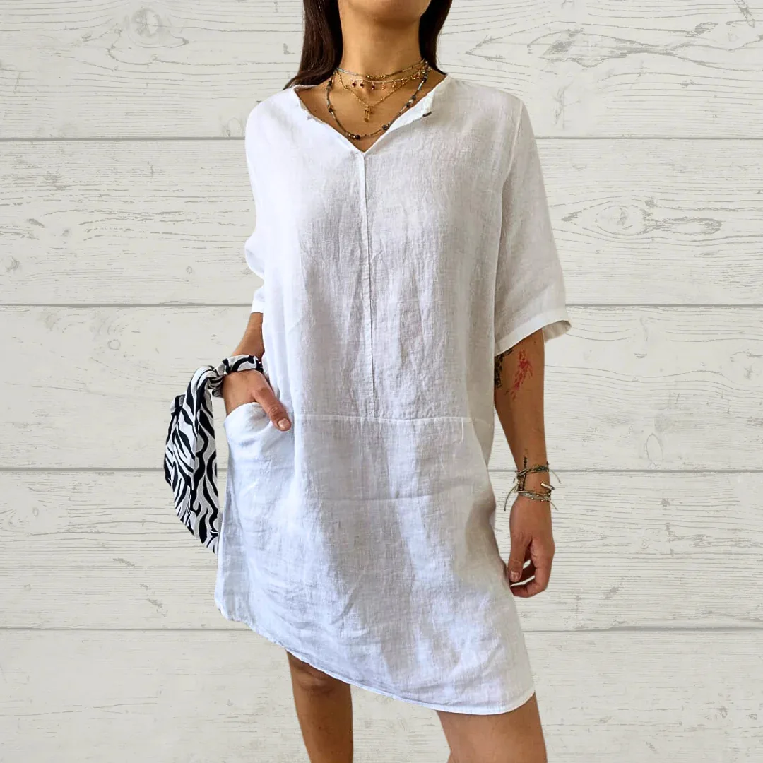 Spring And Summer Women's Clothing Linen Cotton V-Neck Loose Casual Pocket Short Sleeve Dress