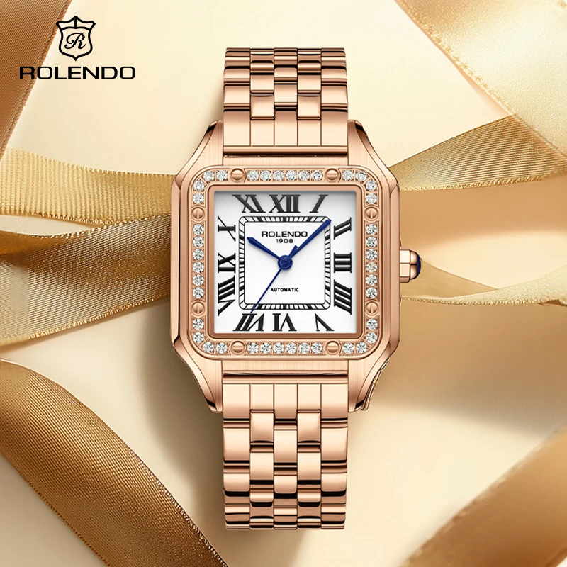 ROLENDO Light Luxury Gold Square Watch 33mm Diamond Sapphire Crystal Women's Auto Mechanical Roman Scale Waterproof Watch Gift