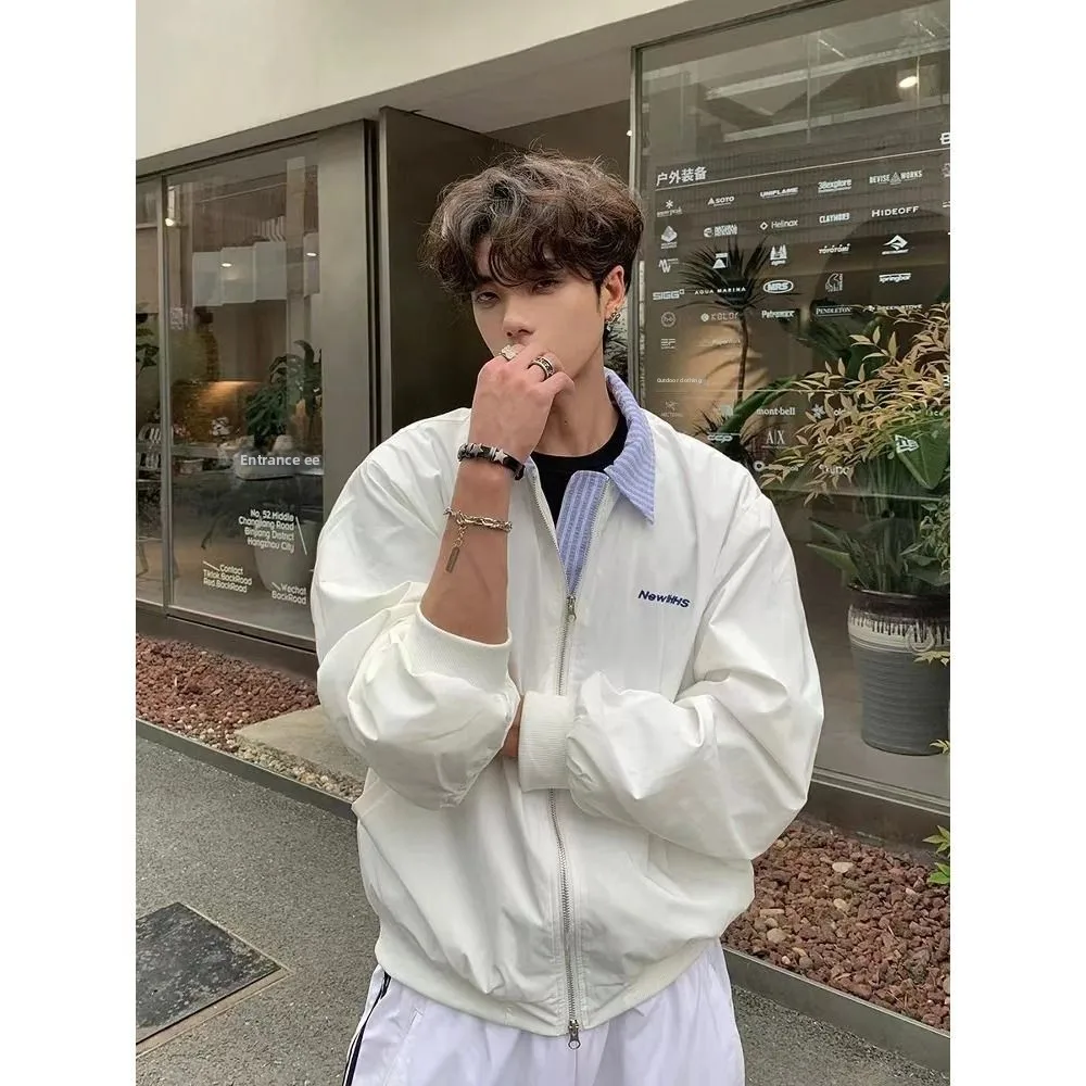 

New Men's Embroidered Jaet Fake Two-Piece Sle Spring Autumn American Retro College Trend High-End Feeling Jaet 2025 Fas...