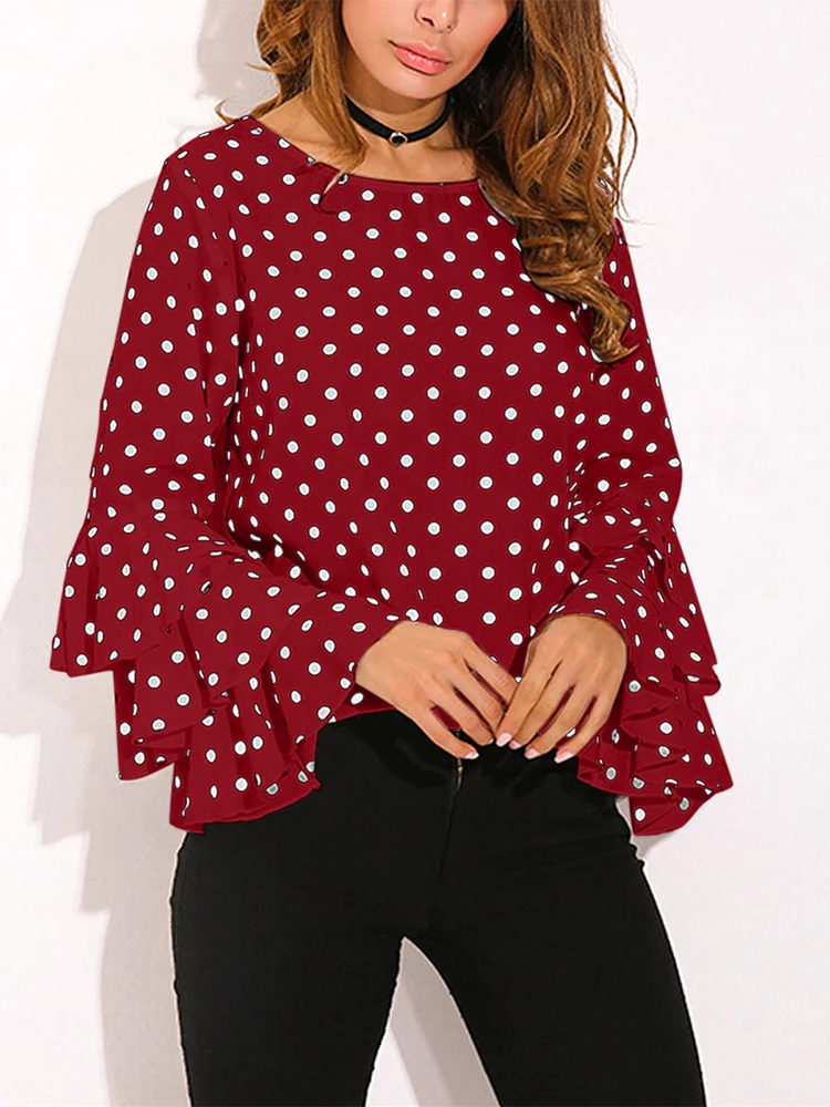 Tops y blusas de lunares de talla grande 5XL para mujer, pantalón informal, manga larga acampanada, cuello redondo, Túnica holgada para mujer,