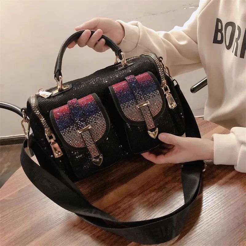 

High Quality Genuine Leather Pillow Bag Large Capacity Glitter Women Handbag Lady Purse Shoulder Messenger Bag Female Travel Bag