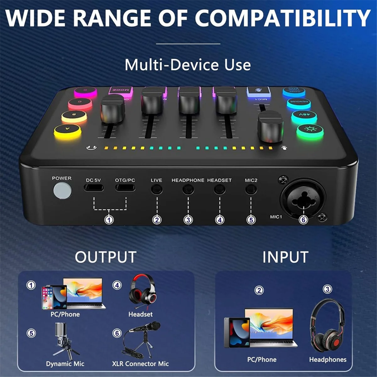 Gaming Audio Mixer, Streaming RGB PC Mixer with XLR Microphone Interface, Volume Fader, 48V Phantom Power for Podcast