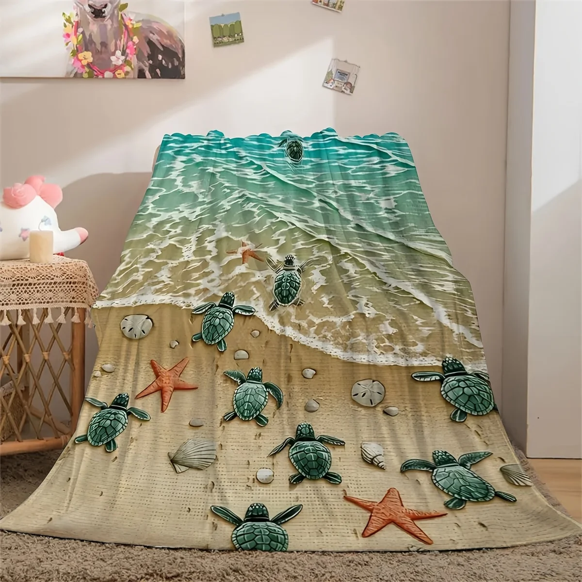 Contemporary Flannel Ocean Beach Digital Print Throw Blanket, Soft Comfortable, All-Season,Ideal Gift for Family and Friends