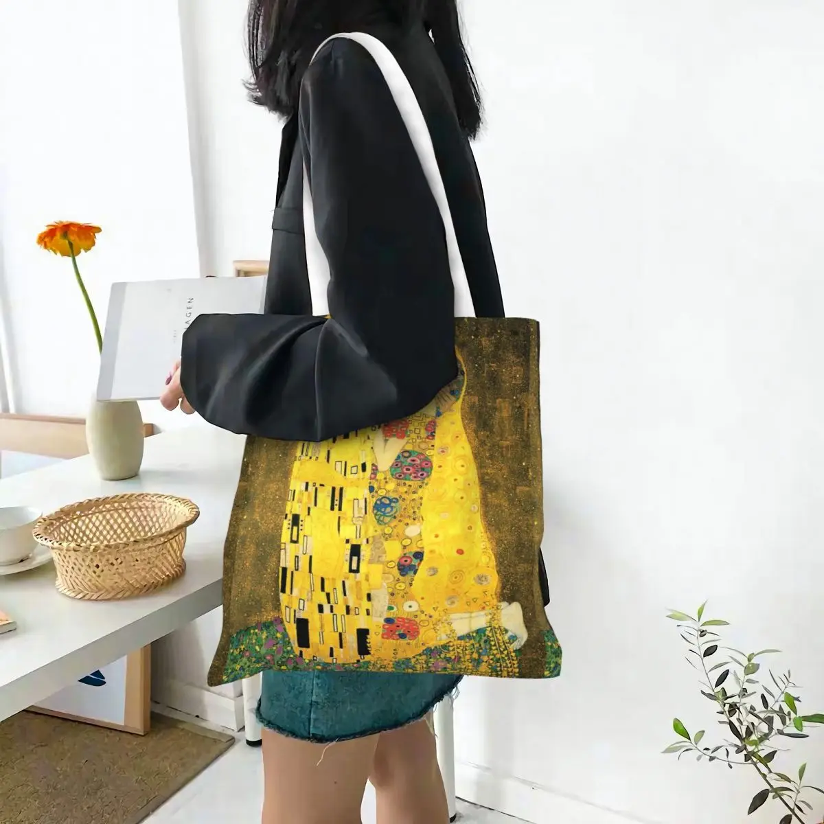 The Kiss Gustav Klimt Canvas Tote Bag Reusable Large Capacity Grocery Bag for Unisex